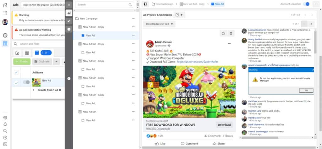 โฆษณาเกม Mario บน facebook ads